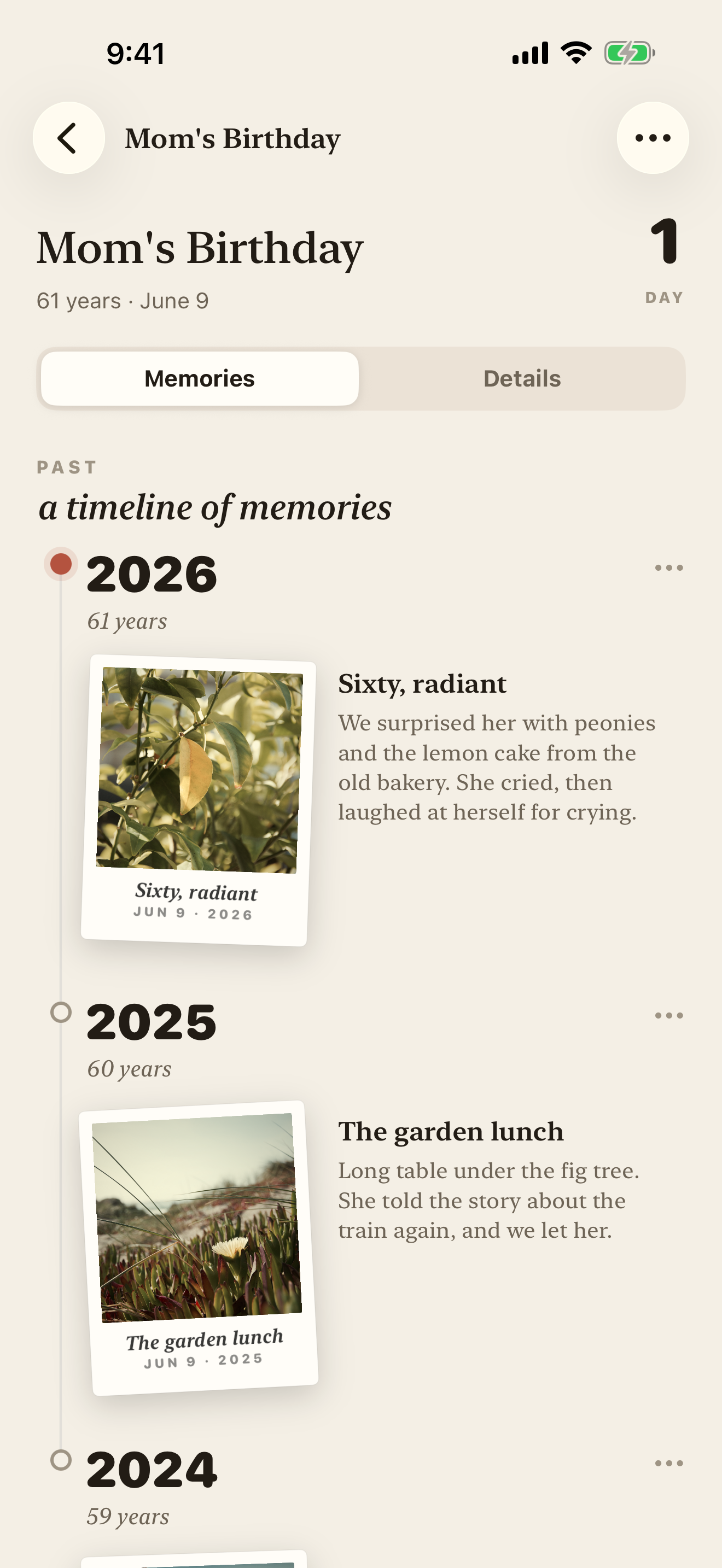 A day's memories — a story and photo for each year