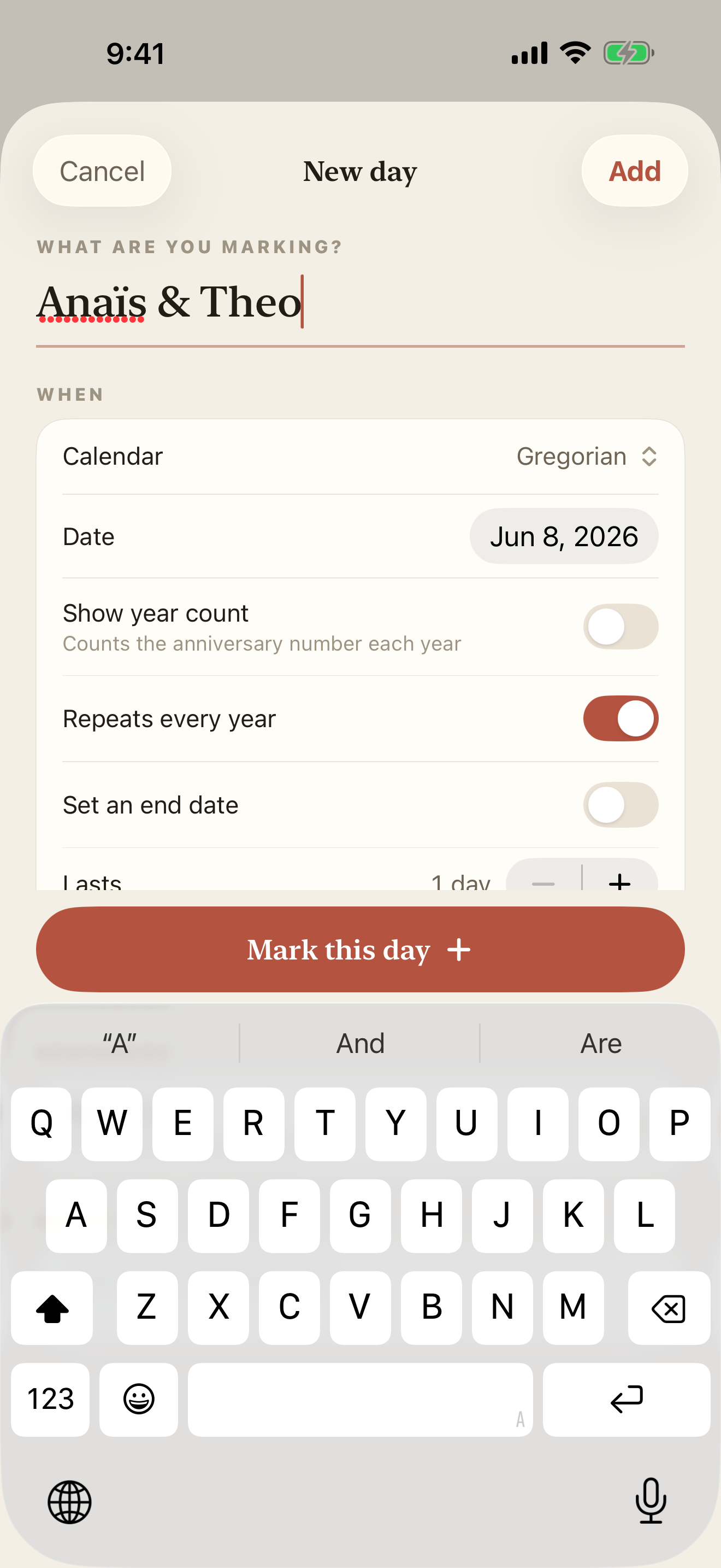 Adding a day — calendar, year count and reminders