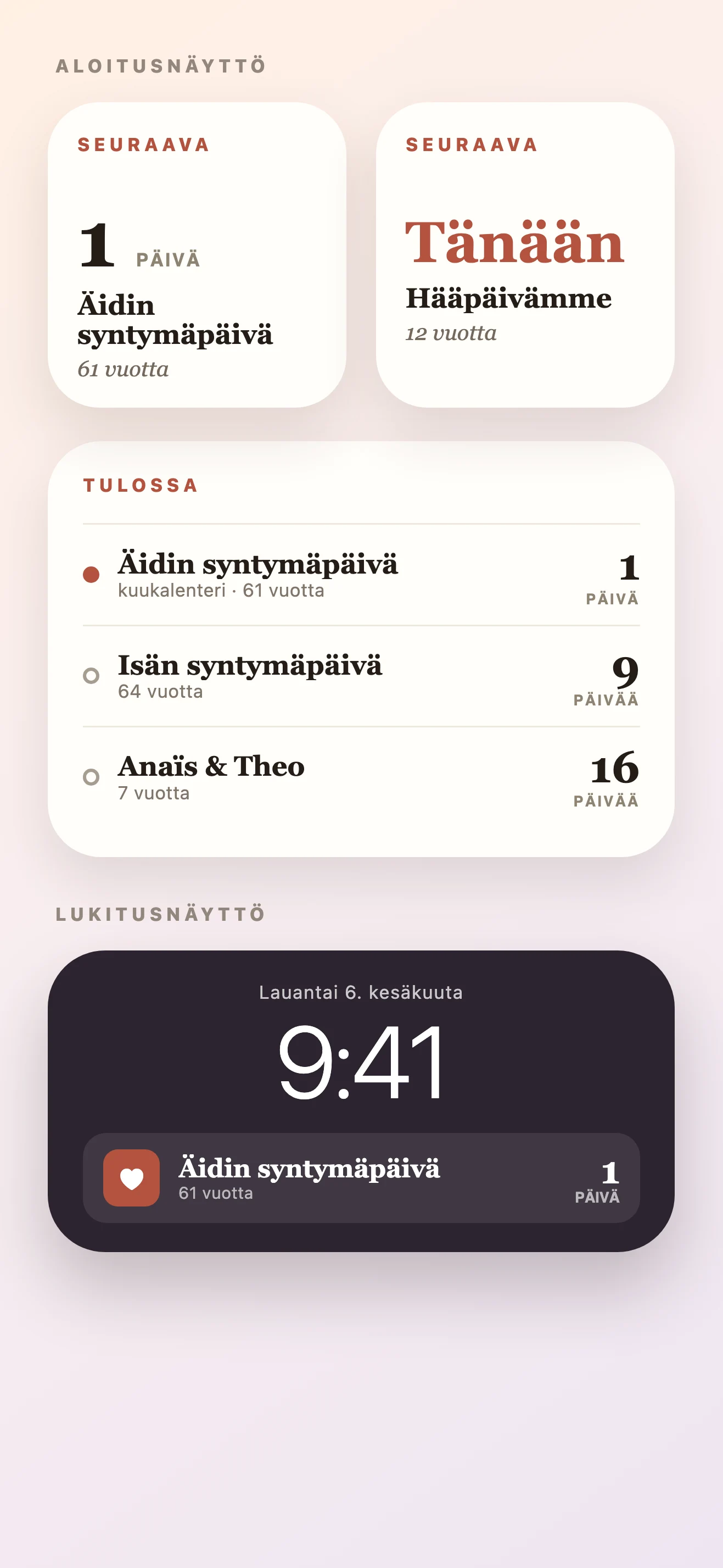 Syntymäpäivä Lähtölaskenta -Widget — Loomday
