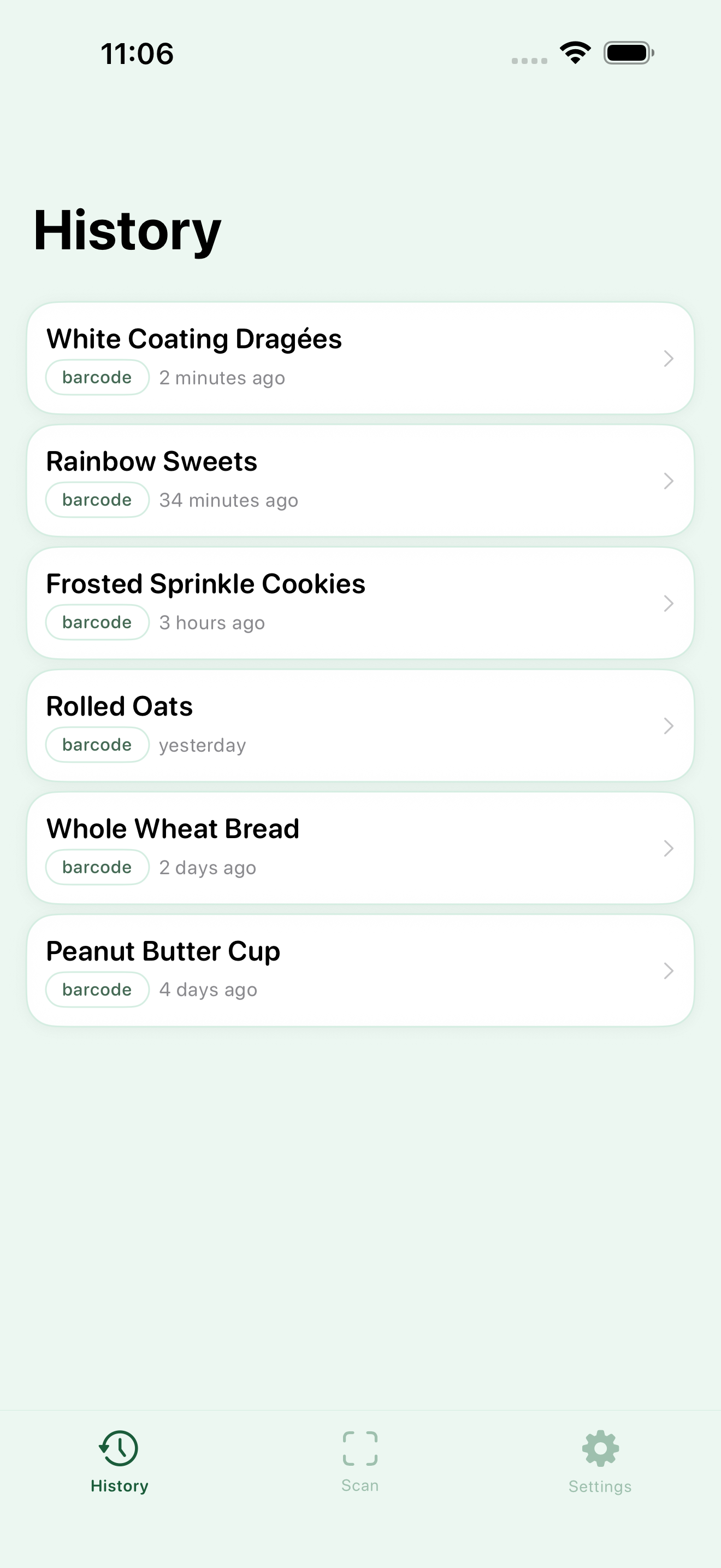 Myredient History tab listing recently scanned products — White Coating Dragées, Rainbow Sweets, Frosted Sprinkle Cookies, Rolled Oats, Whole Wheat Bread, and Peanut Butter Cup — each with how it was scanned and how long ago.