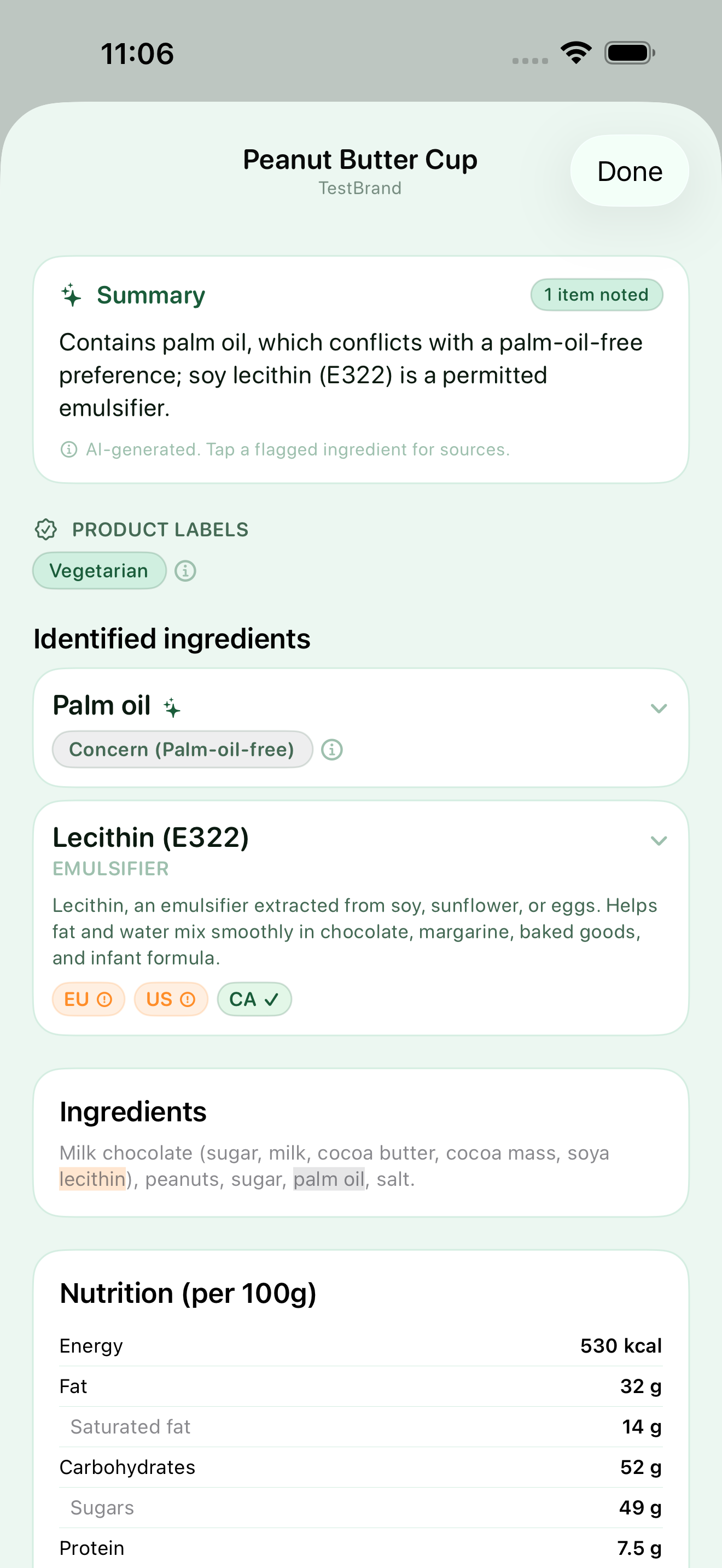 Myredient result for a Peanut Butter Cup with a plain-language summary noting palm oil conflicts with a palm-oil-free preference and that soy lecithin (E322) is a permitted emulsifier, above the ingredient list and the label's parsed nutrition table.