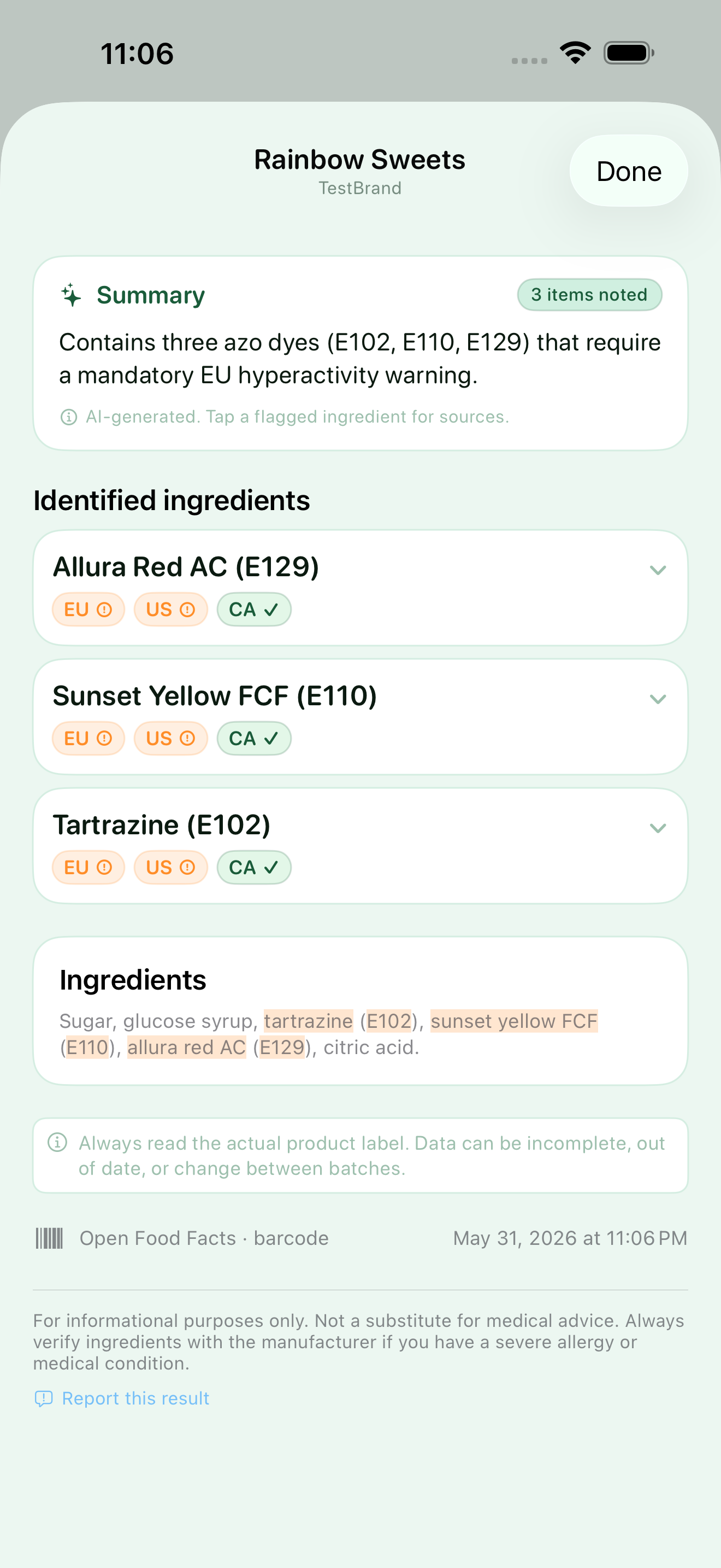 Myredient scan result for Rainbow Sweets — a plain-language summary noting three azo dyes that carry a mandatory EU warning, with Allura Red, Sunset Yellow, and Tartrazine each shown with EU, US, and Canada regulatory status chips.